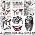 JEEFONNA 22 Sheets Halloween Temporary Tattoos, Perfect Joker Tattoos Halloween Face Tattoos for Costumes, Halloween Party Accessories and Cosplay (Men's)