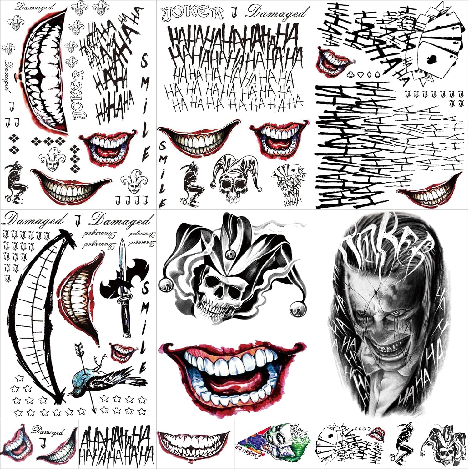 JEEFONNA 22 Sheets Halloween Temporary Tattoos, Perfect Joker Tattoos Halloween Face Tattoos for Costumes, Halloween Party Accessories and Cosplay (Men's)