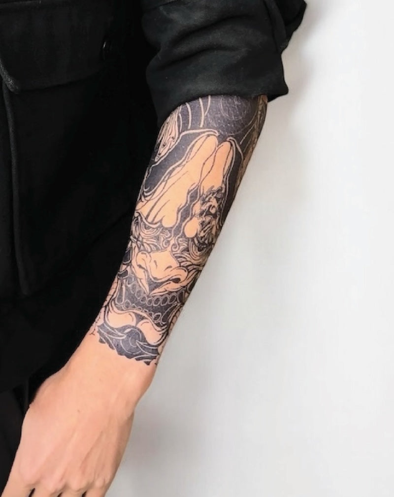 Japanese Oni Mask Half Sleeve Semi-Permanent Tattoo