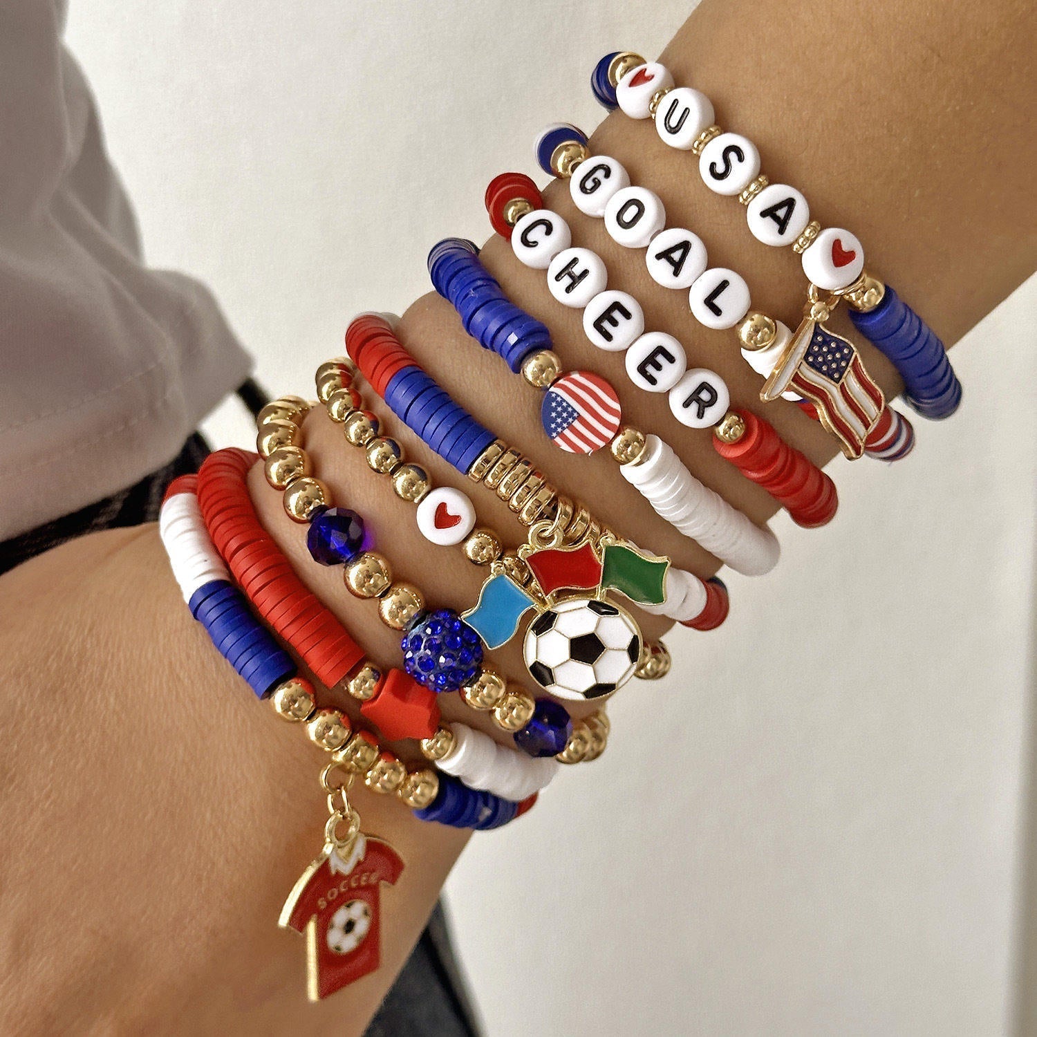 A trendy beaded bracelet with a distinctive sporty design for soccer lovers.