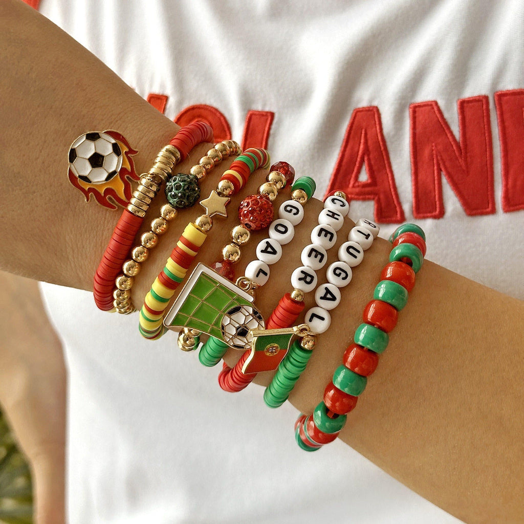 A trendy beaded bracelet with a distinctive sporty design for soccer lovers.