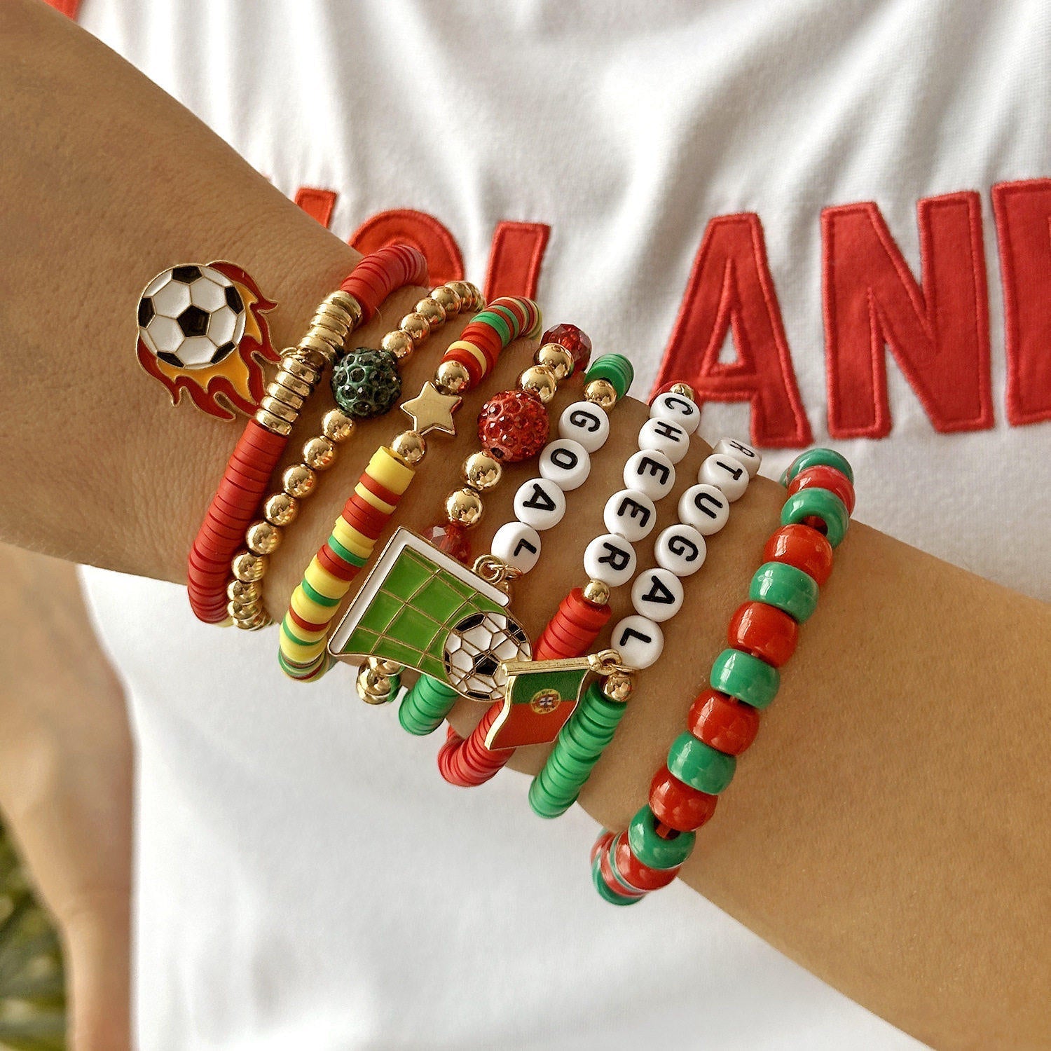 A trendy beaded bracelet with a distinctive sporty design for soccer lovers.
