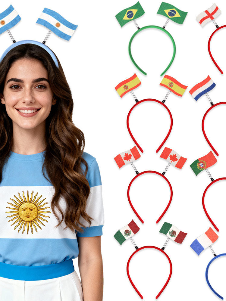 A headband featuring the flags of the world with a distinctive sheen, perfect for football fans.