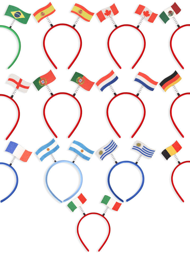 A headband featuring the flags of the world with a distinctive sheen, perfect for football fans.
