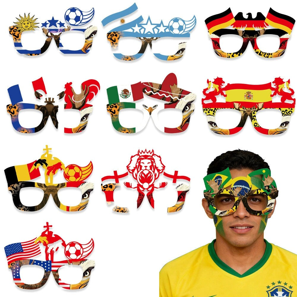 Glasses and floats with designs featuring national flags to support sports teams
