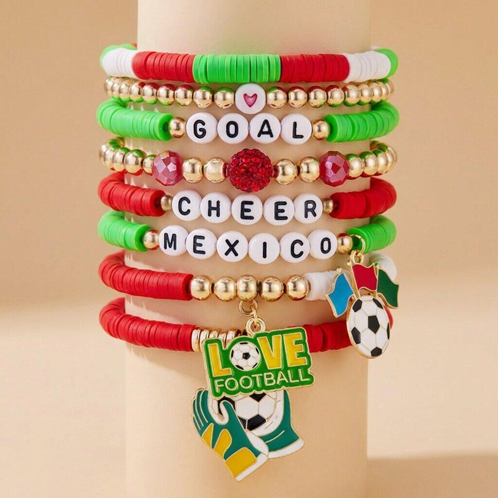 A trendy beaded bracelet with a distinctive sporty design for soccer lovers.