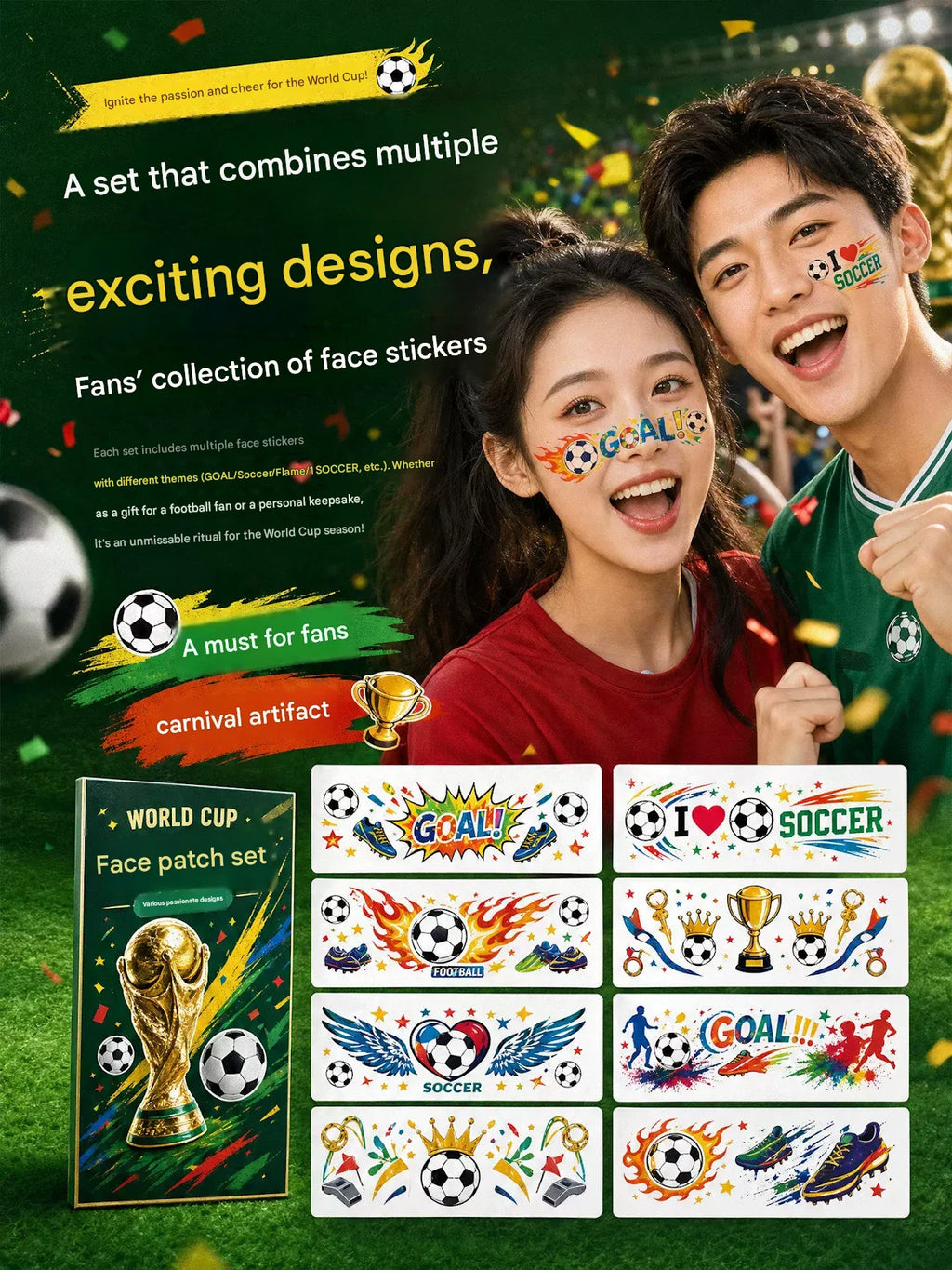 World Cup Watching Fan Face Atmosphere Decorative Sticker Waterproof Sticker, Durable Washable Luminous Football Tattoo Sticker