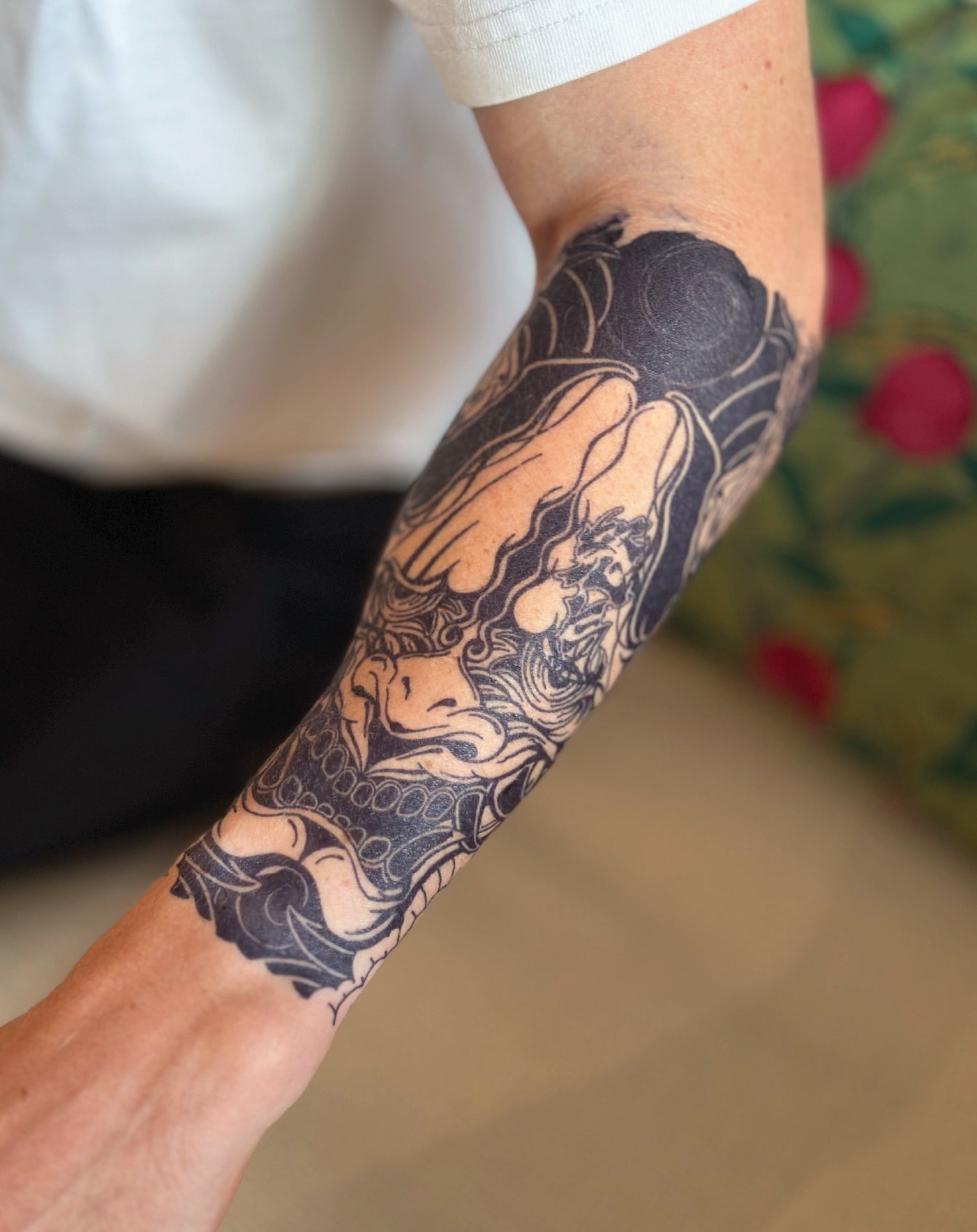 Japanese Oni Mask Half Sleeve Semi-Permanent Tattoo