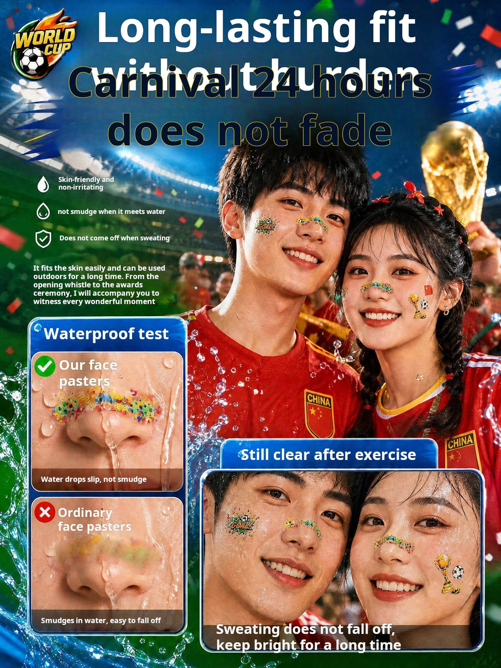 World Cup Watching Fan Face Atmosphere Decorative Sticker Waterproof Sticker, Durable Washable Luminous Football Tattoo Sticker
